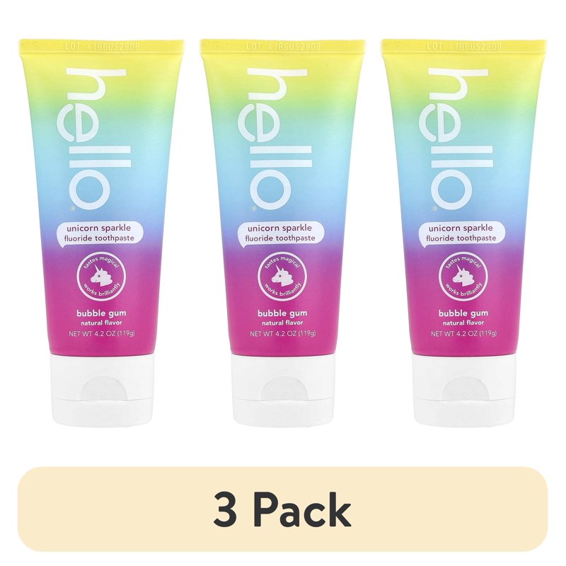 Hello Unicorn Sparkle Kids Toothpaste with Fluoride 3-Pack, Bubble Gum Flavor, 4.2 oz Tube