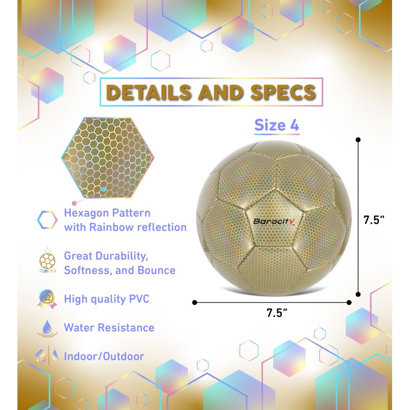 Barocity Size 4 Gold Curve Soccer Ball - Kids 8-12 Training Ball (Includes 1 Deflated Ball)