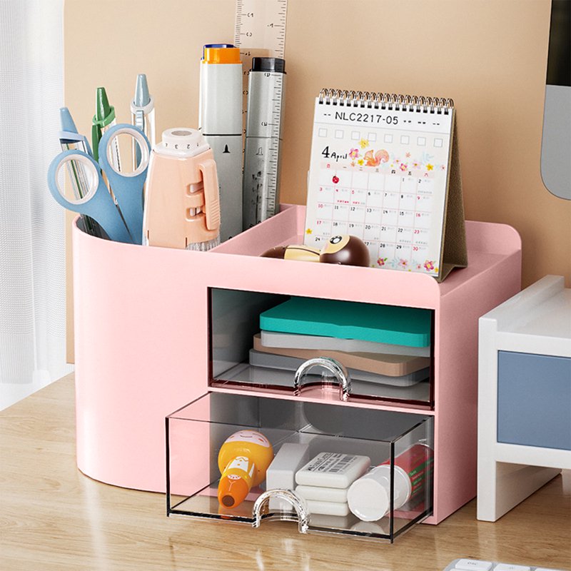 Desk Organizer with Drawer - Office Supplies & Stationery Storage Box in Pink