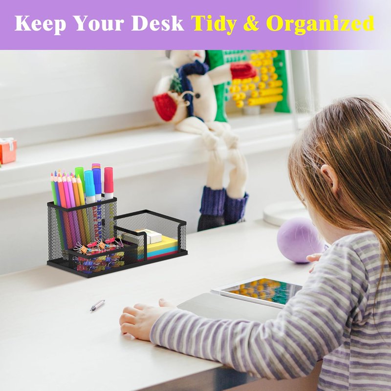 Mesh Pen Holder Desk Organizer with 3 Compartments - Office Supplies Storage