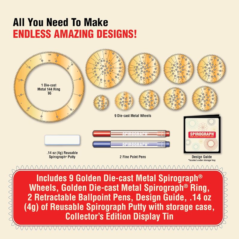 Die-Cast Spirograph Drawing Kit for Kids - Golden Collector’s Set, Spiral Art, Art Supplies, Ages 8+