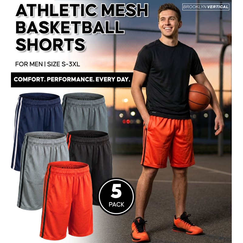 Men's 5-Pack Athletic Basketball Shorts with Pockets & Drawstring - Performance Activewear