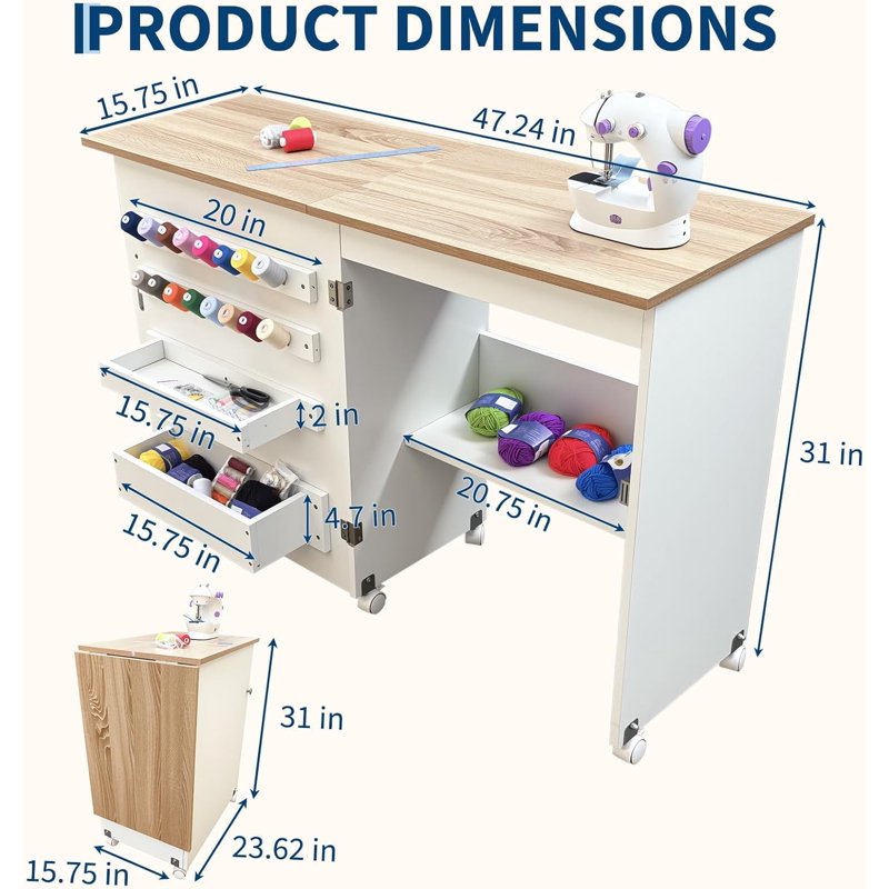 Portable Folding Sewing Table with Wheels, Storage Shelves & Trays