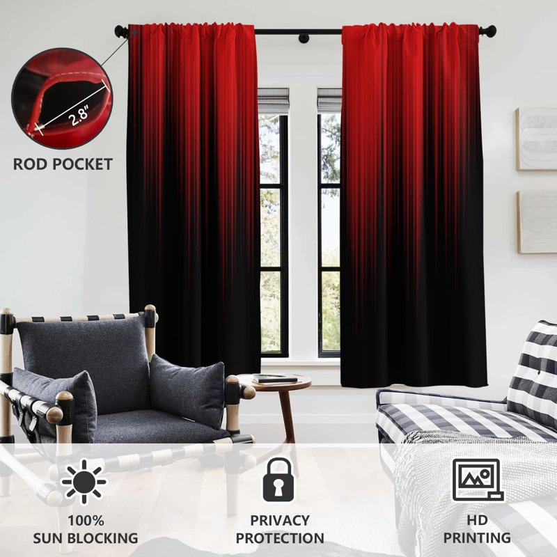 Blackout Window Curtain Set - Red and Black Gradient Gothic Modern Drapes for Living Room & Bedroom, 42x63 Inches, Thermal Insulated, 1 Pair