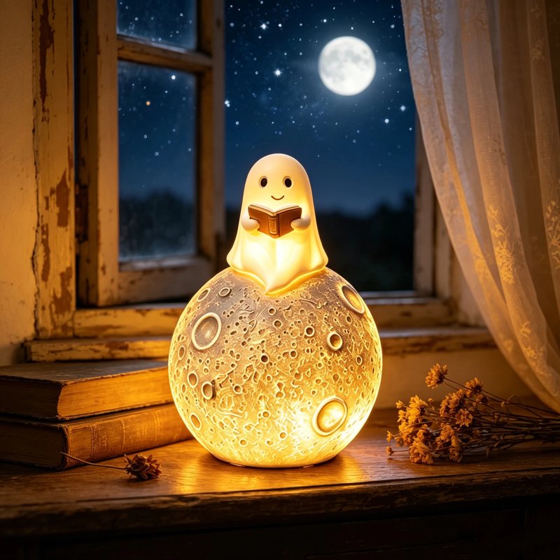 Halloween Ghost Moon Night Light - 3D Resin Table Desk Lamp for Home & Party Decor