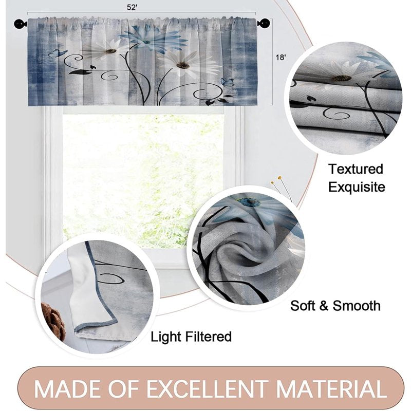 Farmhouse Style Window Valances 2 Pack - Blue Daisy Flowers & Butterfly Decor