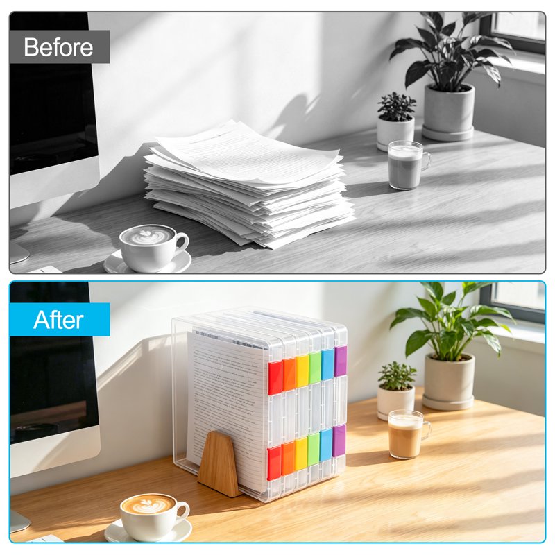 6 Pack A4 Plastic File Storage Boxes with Labels & Buckles - Clear Office & School Document Organizer