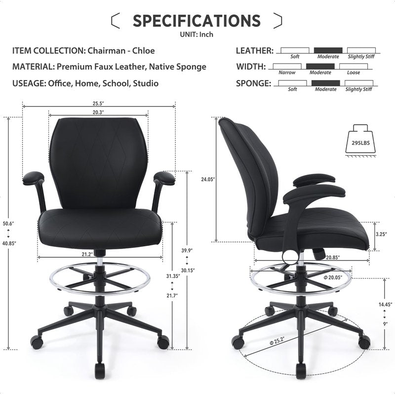Ergonomic Drafting Chair with Flip-Up Arms and Foot Ring - Black
