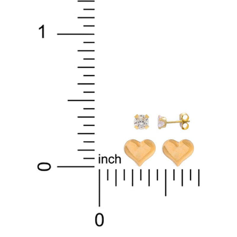 Girls Tween 14K Gold CZ Heart Stud Earring Set - 2 Pairs