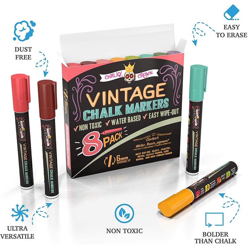 Chalky Crown 8 Pack Liquid Chalk Markers - Reversible Tips, 6mm - Black