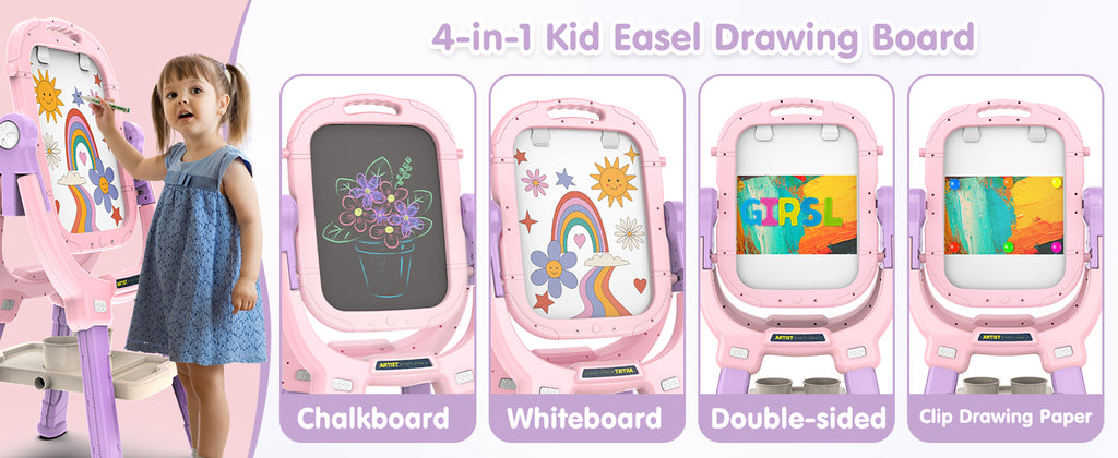 Kids Art Easel for Drawing & Painting - Adjustable Double-Sided Magnetic Whiteboard & Chalkboard, Creative Toddler Art Station