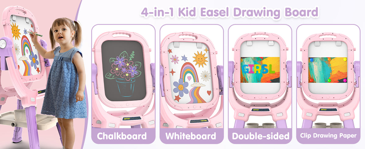 Kids Art Easel for Drawing & Painting - Adjustable Double-Sided Magnetic Whiteboard & Chalkboard, Creative Toddler Art Station
