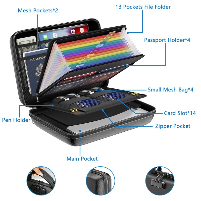 Fireproof Document Box with Lock - Hard Shell Case for Important Files & Valuables