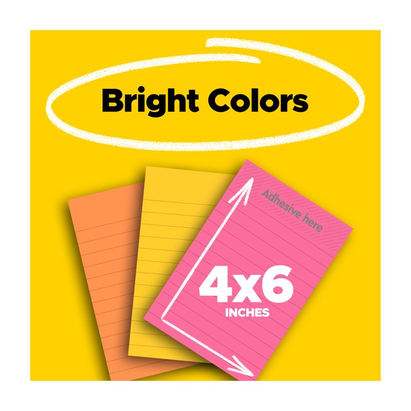 Post-it Super Sticky Notes, Lined, 4 x 6 Inches, Bright Assorted Colors, 3 Pads