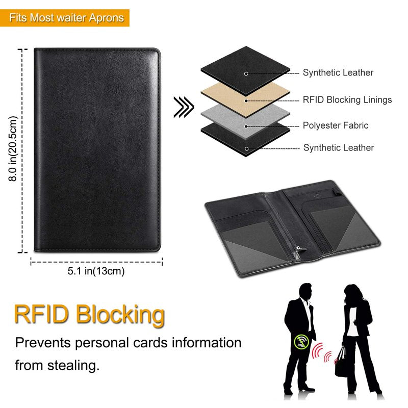 Server Book Organizer with Zipper Pocket and Pen Holder - Restaurant Guest Check Presenter, Leather Look