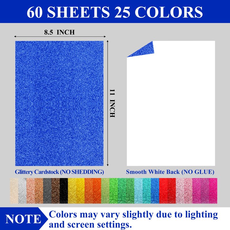 Glitter Cardstock Paper Set - 25 Colors, 60 Sheets, 8.5x11 Inch, 250GSM for Crafts & Scrapbooking