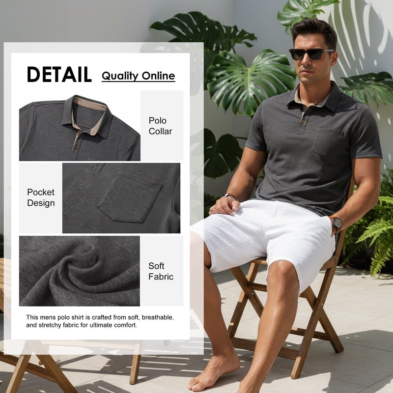 Men's Casual Polo Shirts - Short Sleeve Cotton Classic Collared Shirt with Pocket