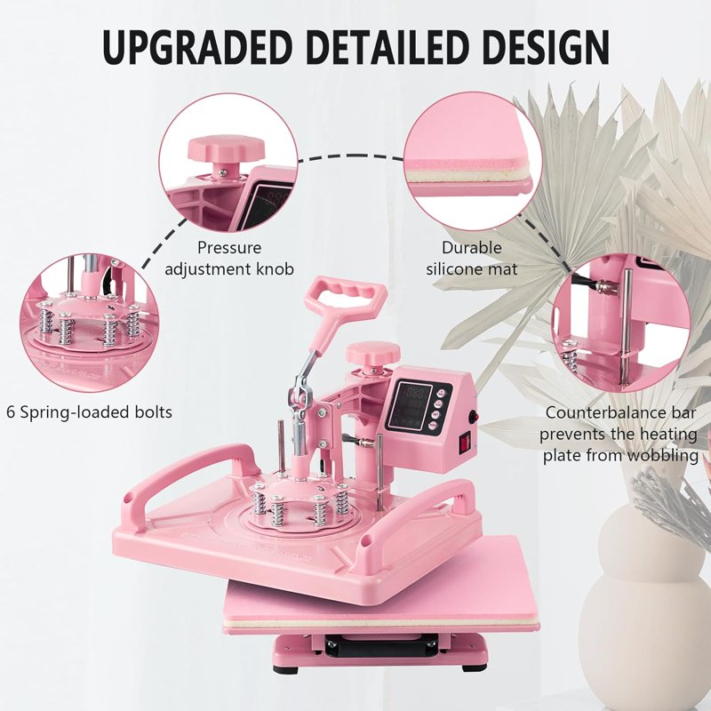 15x12 Inch Heat Press Machine for Sublimation T-Shirts Hats Mugs and Tumblers - 8-in-1 Pink
