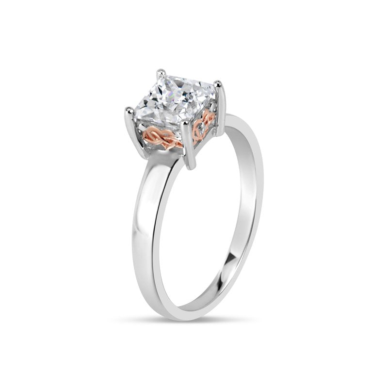 Sterling Silver Swarovski CZ Ring with Rose Gold Filigree Sides - Gradual Shank