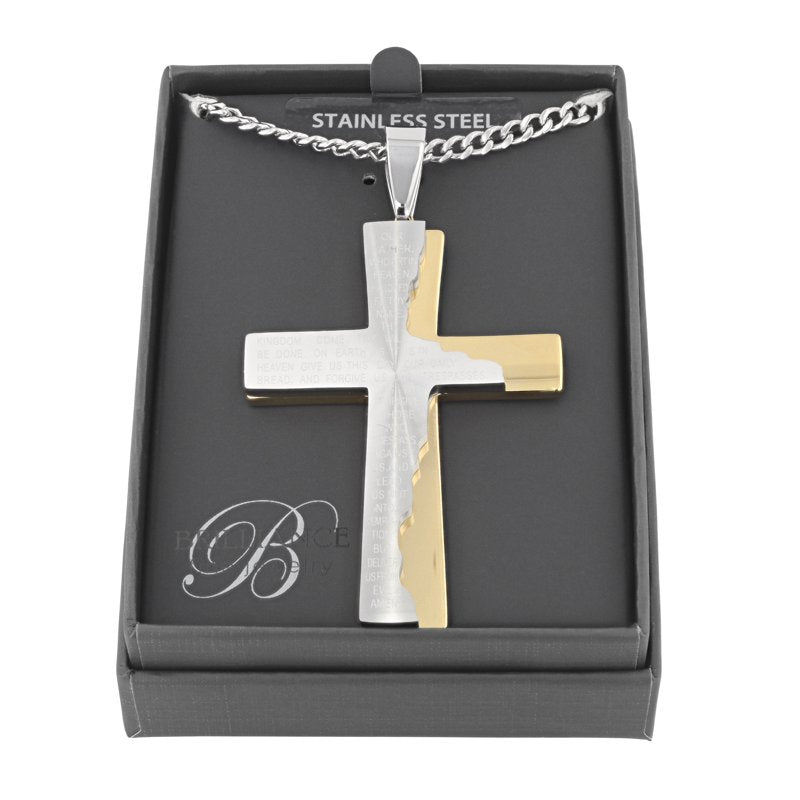 Men's Gold-Tone Stainless Steel Prayer Cross Pendant with Chain - Religious Jewelry