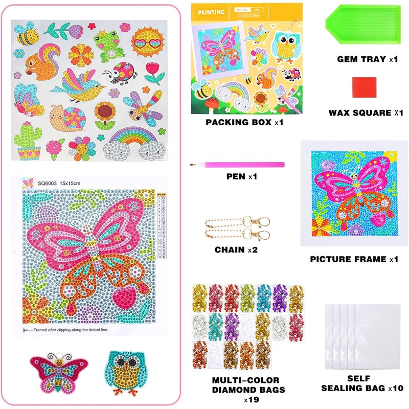 Kids Diamond Art Craft Kit with Wooden Frame - Animal Stickers & Keychains