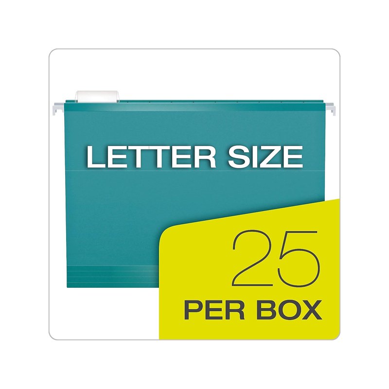 Reinforced Hanging File Folders - Letter Size, 5-Tab Positions, Aqua, 25 Pack