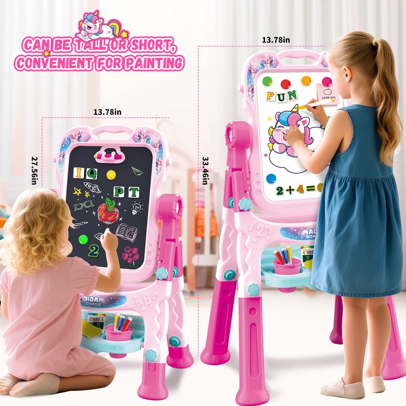 Kids Art Easel with Magnetic Whiteboard and Chalkboard - Adjustable Double-Sided Toddler Learning Toy