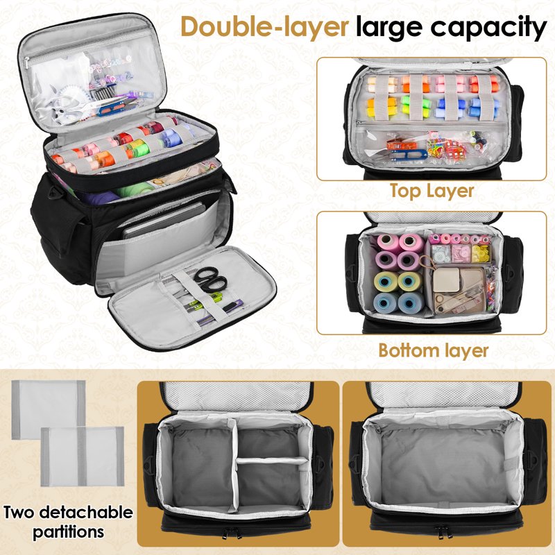 Large Double Layer Sewing Organizer Bag with Removable Dividers and Shoulder Strap