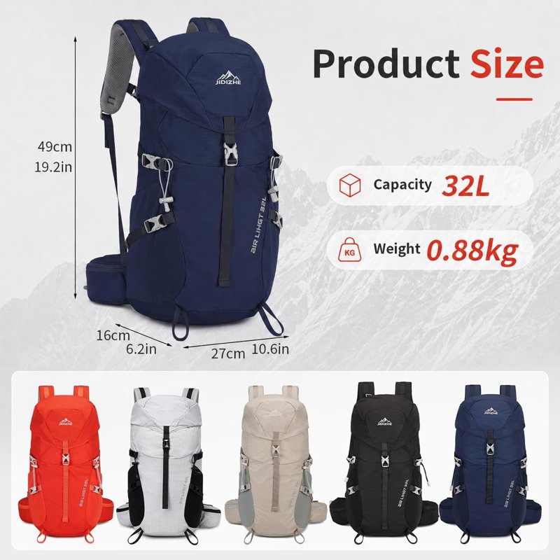JIDIZHE 32L Hiking Backpack with Internal Frame & Rain Cover - Blue004