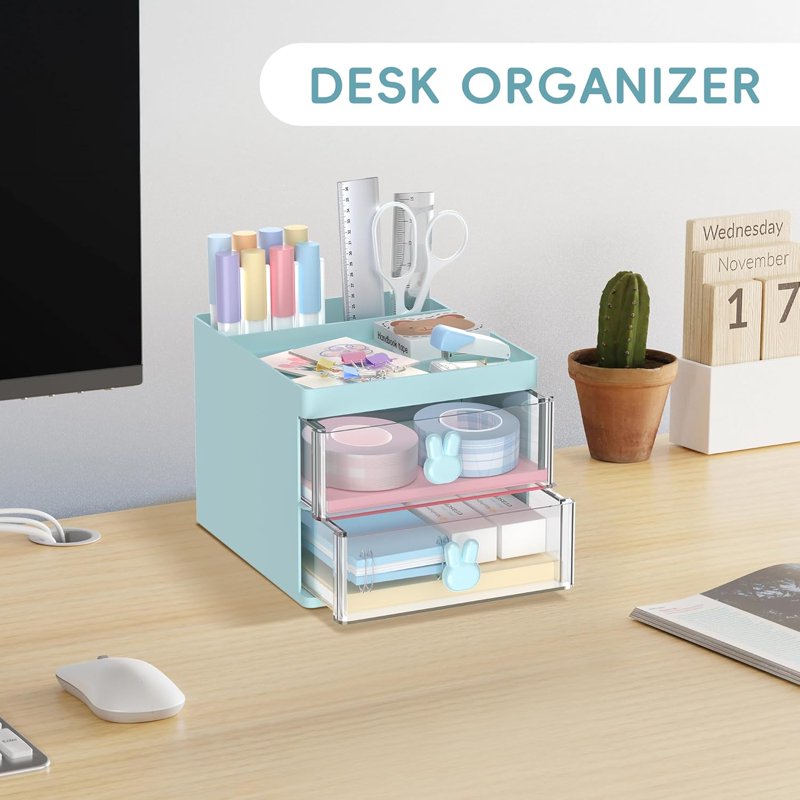 Multi-Functional Desk Organizer with 2 Drawers and Compartments - Blue, Pink, White