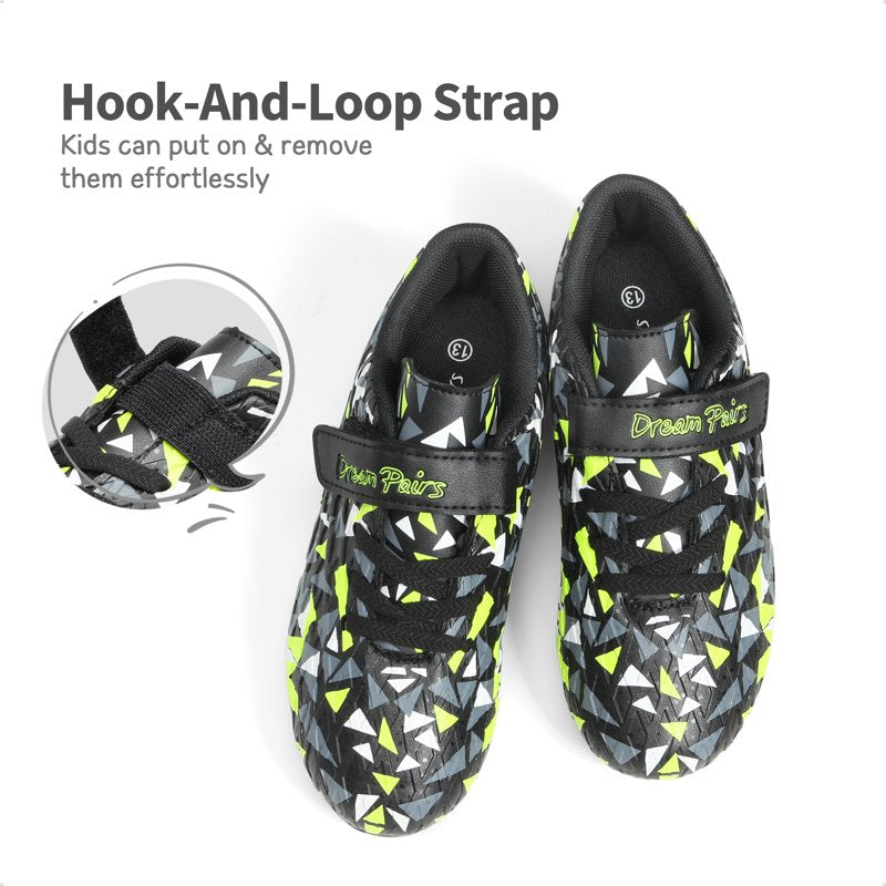 Dream Pairs Kids Soccer Cleats - Hook & Loop, Firm Ground, Black/Neon Green