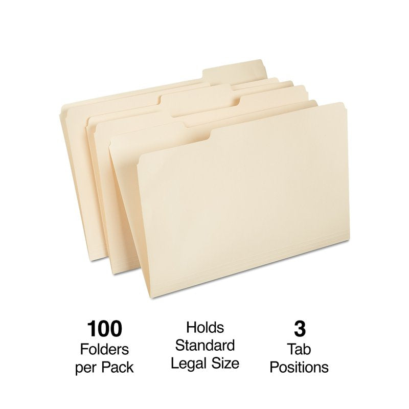 Legal Size Manila File Folders with 1/3 Cut Tabs, 100 Pack