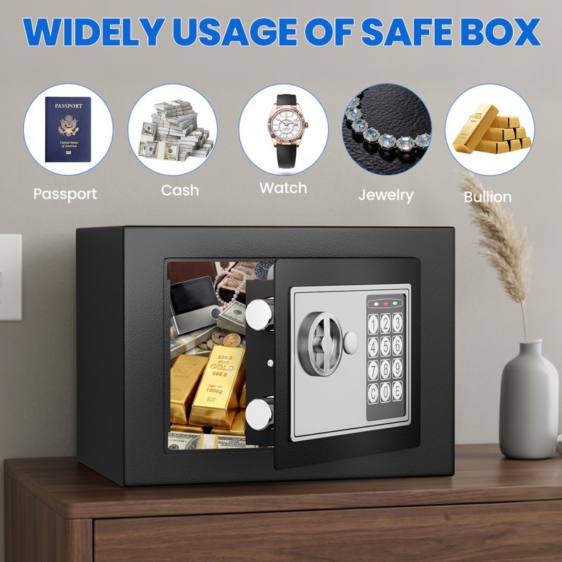 Mini Digital Safe Box with Keypad and Emergency Key, 0.23 Cub for Jewelry Cash & Valuables
