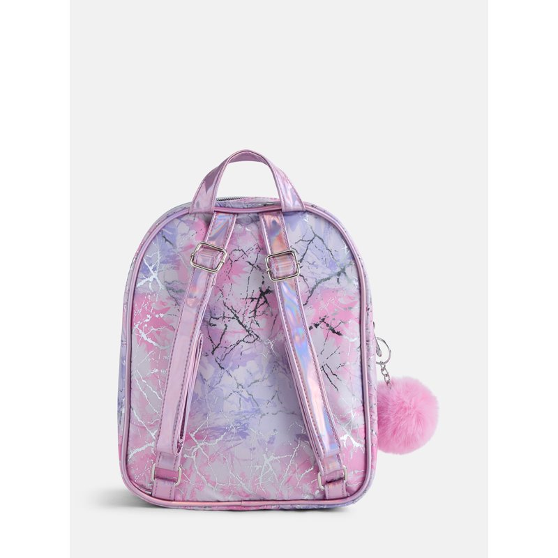 Girls Mini Backpack with Allover Prints & Adjustable Straps - Pink, Purple, Silver, Plaid Variants