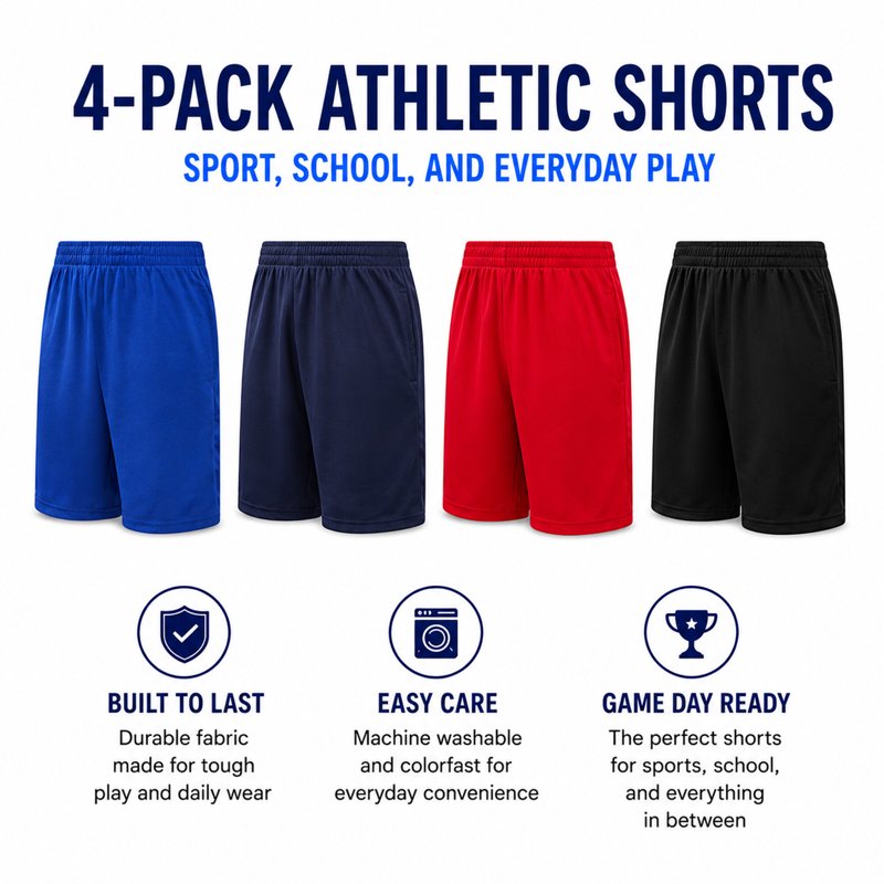 Kids Athletic Shorts 4 Pack - Performance Mesh Basketball & Gym Shorts