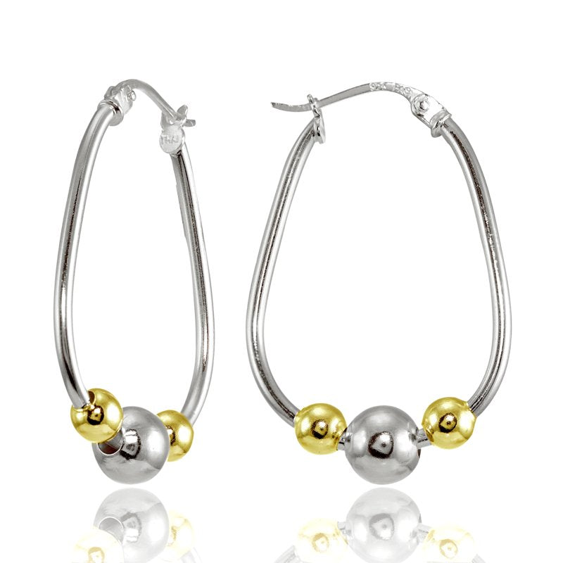 Sterling Silver Two-Tone Beaded Hoop Earrings - 30mm Jewelry for Women & Teens