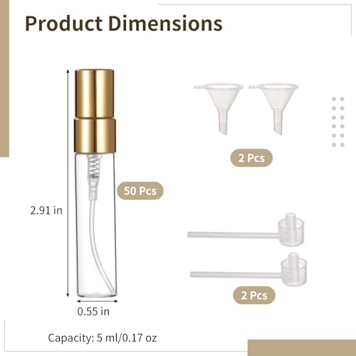 Lnrueg 50 Pcs 5 ml Perfume Bottles - Small Refillable Glass Perfume Bottles, Portable Travel Sample Containers with Caps, Fine Mist Atomizers with 2 Funnels and 2 Dispensers, Gold