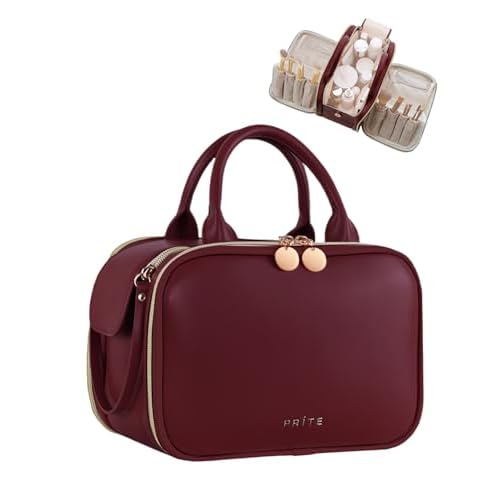 Prite Travel Makeup Bag Women¡¯s Large Capacity Waterproof Cosmetic Organizer Portable Open Flat Toiletry Case with Free-standing Brush Holder and Handle(Burgundy Large)