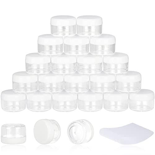 200PCS 5 Gram Sample Containers, 5ml Empty Jars with Lids, Small Cosmetic Containers, Mini Sample Jars with 16PCS Mini Spatulas for Make Up, Oils, Lotion, Powder, Paint, Jewelry, Lip Balms(White Lid)