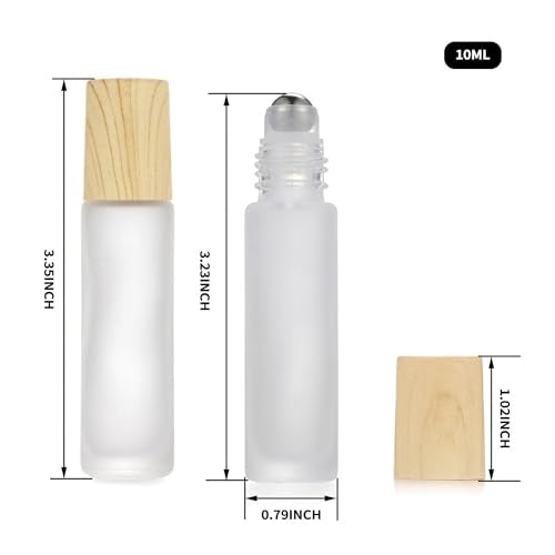 12 Pack Essential Oil Roller Bottles,10ml Empty Frosted Glass Roller Bottles with Stainless Steel Roller Balls and Caps Refillable Container for Perfume Roll on Bottles ( Wood Grain Plastic Caps)