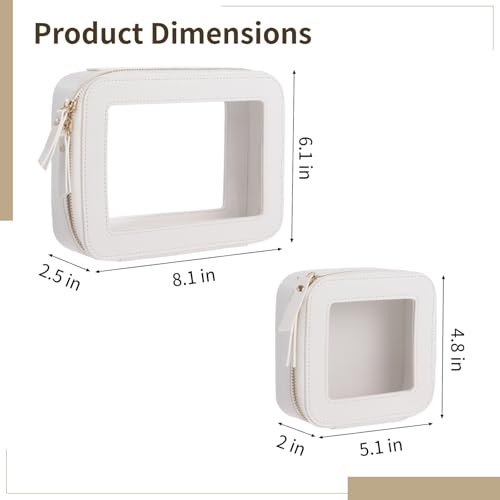 2 Pcs Clear Makeup Bag Set, PU Leather Cosmetic Pouch with Transparent Window & Double-Zipper Design, Women Waterproof Travel Organizer for Car Storage and Office Daily Use (White)