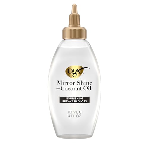 OGX Mirror Shine + Coconut Oil Pre-Wash Hair Gloss, Nourishing Rinse Out Hair Treatment for 48 Hours of Glossy Shine & Damage Repair, Lightweight Oil Mends Split Ends, 4 fl. oz