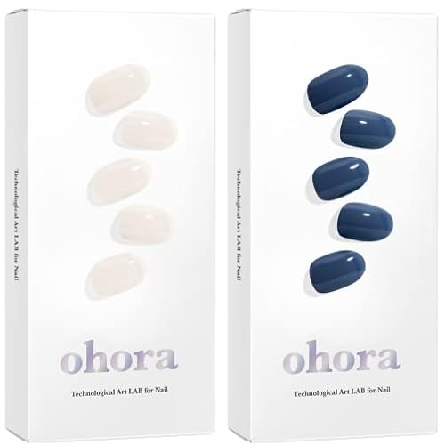 ohora Semi Cured Gel Nail Strips Set of 2(N Cream Cotton, N Cream Indigo)-Works with Any Nail Lamps, Salon-Quality, Long Lasting, Easy to Apply & Remove-Includes 2 Prep Pads, Nail File & Wooden Stick