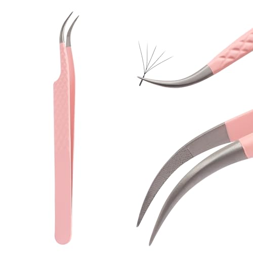 Lash Tweezers For Eyelash Extensions Fiber Tip Lash Tweezers Pink Straight/Curved Tweezer(Pink,X03)