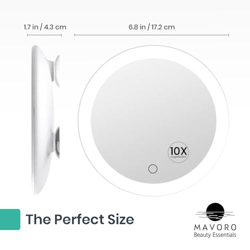 Mavoro 6.8" LED Magnifying Mirror with 3 Strong Suction Cups | 10X Magnification | Portable Lighted Travel Makeup & Cosmetic Mirror with Light (USB-C Rechargeable Built-in Battery |10X)