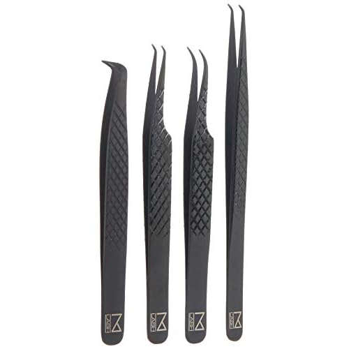 M LASH Tweezers for Eyelash Extensions (Set of 4) - Professional Lash Extension Tweezers - Fiber Tip, Japanese Steel, Diamond Grip Eyelash Extension Tweezer (Black)