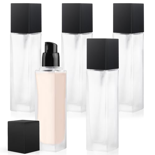 5 Pack 2oz/60ml Liquid Foundation Bottles Frosted Glass Lotion Pump Bottles Cosmetic Containers Travel Pump Bottles For Cream Lotion Liquid Foundation Essence Sunscreen