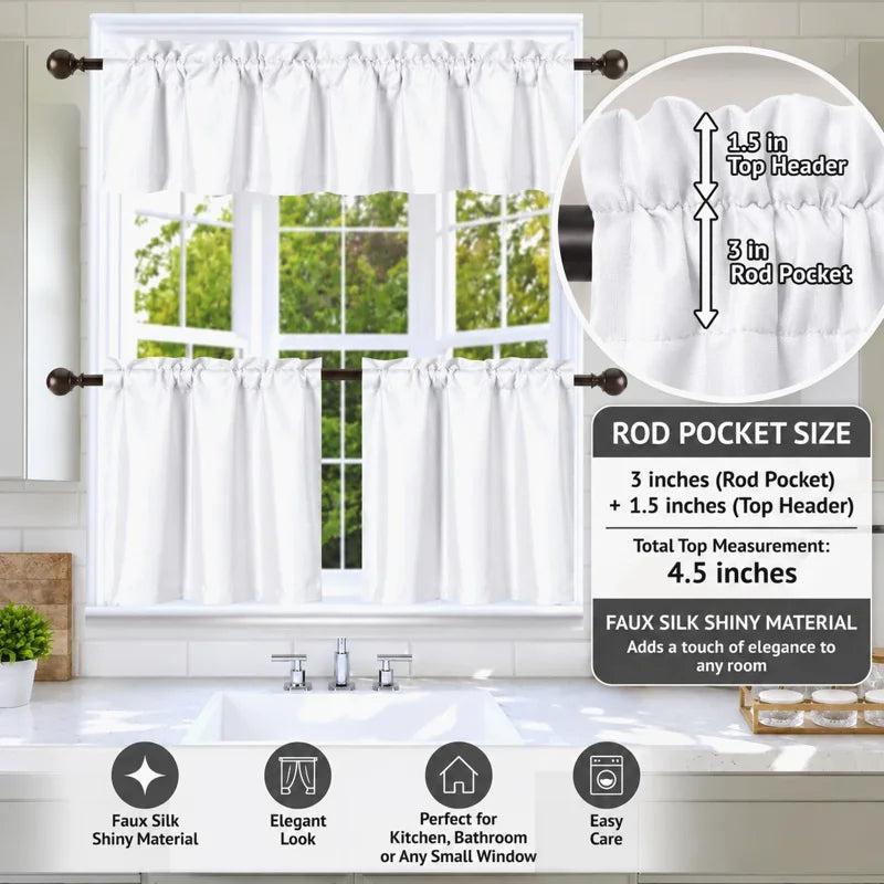 Faux Silk Blackout Kitchen Curtain Set - 3-Piece Window Treatment for Privacy & Style