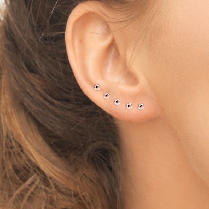 Sterling Silver 2mm Ball Stud Earrings Set of 5 - Rose Gold & Yellow Gold Options