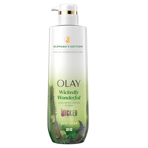 Olay Body Wash for Women, Wickedly Wonderful Elphaba¡¯s Edition, Intensely Hydrating & Renewing, Pro-Hyaluronic Acid Serum with Vitamin B3, For All Skin Types, Cashmere Woods & Lime Scent, 20 fl oz